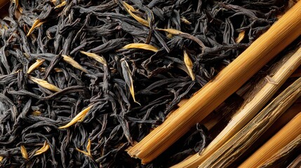 Dark Loose Leaf Tea with Dried Orange Peels and Cinnamon Sticks on Wooden Surface Overhead Shot in Natural Light