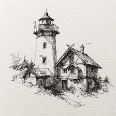 A detailed black and white ink sketch of a tall, rustic lighthouse-style building with stairs, windows, and chimneys on textured paper.