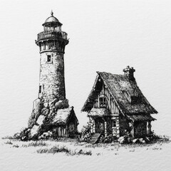 A detailed black and white ink sketch of a tall, rustic lighthouse-style building with stairs, windows, and chimneys on textured paper.