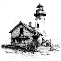 A detailed black and white ink sketch of a tall, rustic lighthouse-style building with stairs, windows, and chimneys on textured paper.