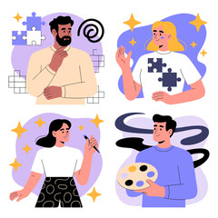 A colorful illustration featuring four individuals engaged in creative activities, representing collaboration, communication, and artistic expression in a vibrant, abstract style.