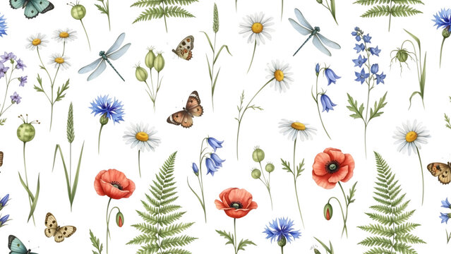 Watercolor floral pattern with wildflowers dragonflies and fern leaves isolated on transparent background