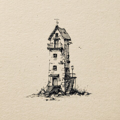 A detailed black and white ink sketch of a tall, rustic lighthouse-style building with stairs, windows, and chimneys on textured paper.