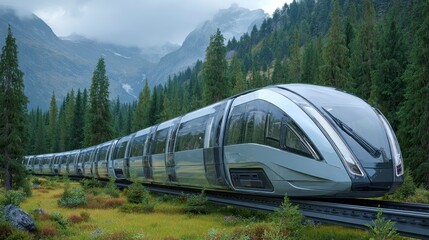 Modern, sleek, long passenger train traversing mountainous terrain, showcasing futuristic design and environmental integration