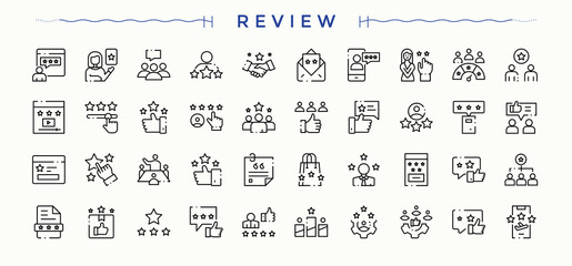 Review icon set. Rate icon. Includes thin line symbols message, feedback, positive, rating, service, satisfaction, rate and more. Editable vector art. © Rubbble