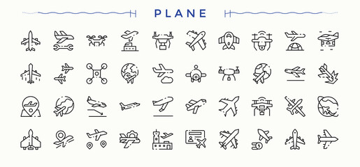 Plane simple icon set. Flight linear icon collection. Minimalist icons pack. It contains symbols to airline, aviation, air, airlanding, transport and more. Editable stroke. Vector illustration. © Rubbble