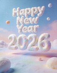 Happy New Year 2026 written in giant 3D puffy marshmallow-textured letters with soft squishy iridescent white finish, floating in a pastel dreamscape, minimalist Gen-Z style
