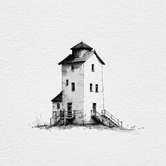 A detailed black and white ink sketch of a tall, rustic lighthouse-style building with stairs, windows, and chimneys on textured paper.