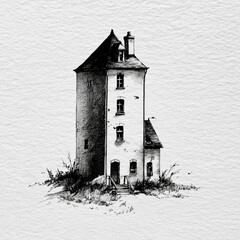 A detailed black and white ink sketch of a tall, rustic lighthouse-style building with stairs, windows, and chimneys on textured paper.