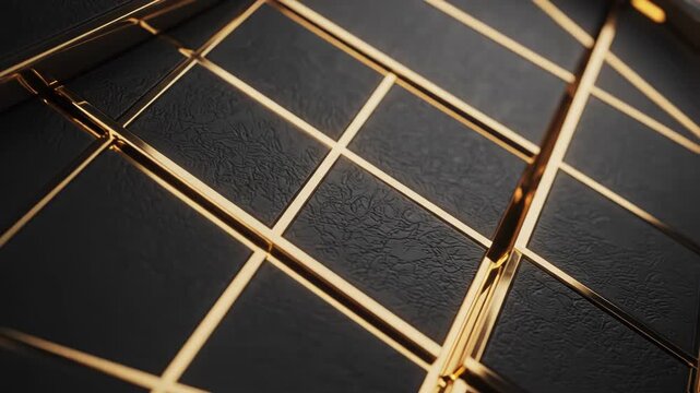 Black leather texture with gold grid lines on a luxurious surface
