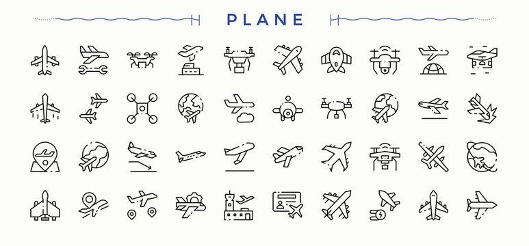 Plane simple icon set. Flight linear icon collection. Minimalist icons pack. It contains symbols to airline, aviation, air, airlanding, transport and more. Editable stroke. Vector illustration.
