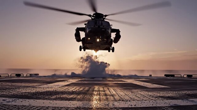 A helicopter takes off from a ship deck at sunset