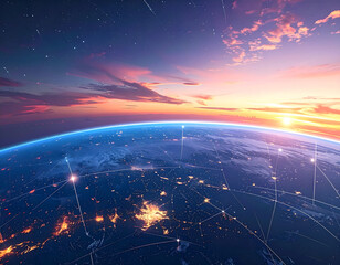 Satellite view of Earth with rising sun over horizon and stars in dark space night sky background