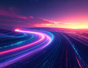 Abstract space landscape with futuristic light path highway in cosmic night sky digital 3D rendering