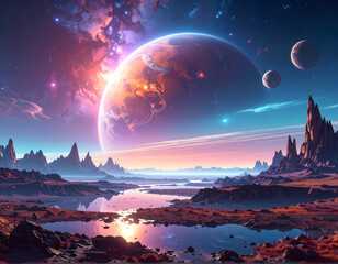 Fantasy space landscape with red planet moon and rocky spires over river in alien world artwork