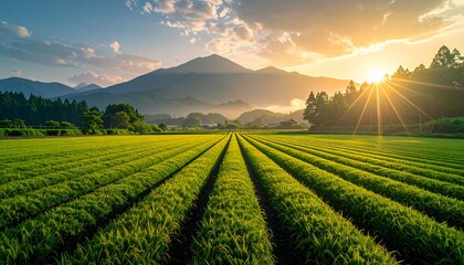 Fototapeta premium Vibrant Green Fields Stretch Towards Majestic Mountains Under a Golden Sunset.
