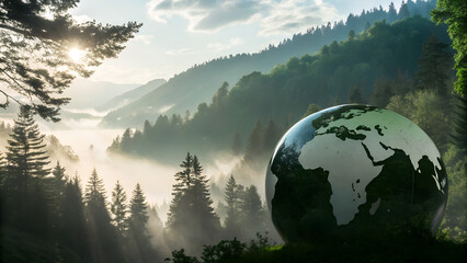 A subtle horizon line bisects the globe: the lower half darker and smoky, the upper half crystal-clear and green, aligned perfectly with the forest’s natural light line.
