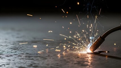 Industrial Welding Sparks Close-Up with Dramatic Light and Flying Hot Metal Particles