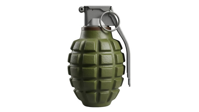 Olive green grenade isolated PNG, military explosive weapon for combat and war games, on transparent background
