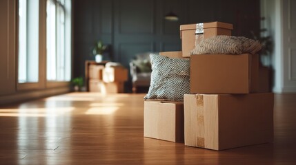 Stacked cardboard boxes with a pillow and fabric, ready for a move, sit on a wood floor near a window. A blurred living room is in the background