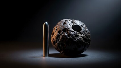 Dark image of a bullet and a meteorite, highlighting the contrast between man-made objects and natural space rocks.