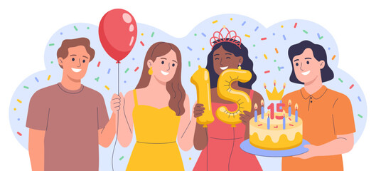 This image captures a joyful birthday celebration with friends holding a cake and balloons, highlighting friendship, fun, and the joy of milestones.