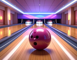 A bowling ball on the lane, pins in the background, neon lights
