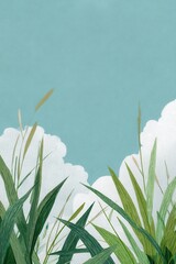 Green Grass Under Pastel Blue Sky with Fluffy White Clouds Digital Art Background Illustration For Wallpaper and Nature Themed Design Projects