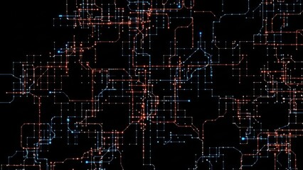 Vibrant circuit board design with glowing red and blue lines on black background