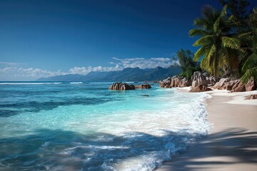 Idyllic Tropical Beach with Turquoise Water and White Sand Under Clear Blue Sky, Granite Boulders, Coastal Vegetation, Sunlight Reflections and Serene Atmosphere