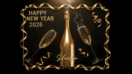 2026 Vintage gold christmas card design featuring a retro vector frame with an elegant ornament pattern and golden wedding rings as a decorative restaurant menu element