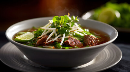 Fragrant Bowl of Pho: A steaming bowl of flavorful pho, brimming with savory broth, tender meat, fresh herbs, and vibrant spices, offers a comforting and authentic culinary experience.