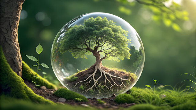 Tree roots appear to grow inside the globe, not outside&mdash;symbolizing nature embedded at the core of green business strategies.