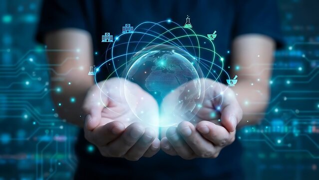 Human hands gently cradling a glowing digital globe, symbolizing global network connectivity, innovative technology, and the interconnected future of data and communication across the world - Powered by Adobe