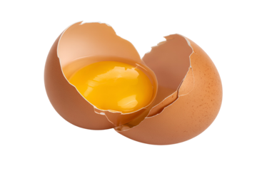 Open brown eggshell with yellow yolk isolated on transparent background
