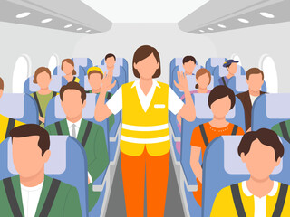 A flight attendant demonstrates safety procedures to passengers on a plane, emphasizing the importance of safety during air travel in a calm, instructive manner.