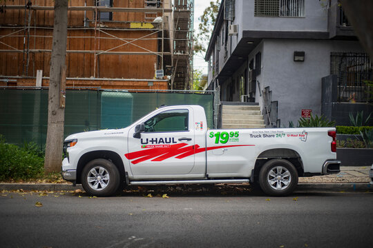 LOS ANGELES, CA - April 16: U-Haul Chevrolet Silverado rental pickup truck parked on city street in Hollywood