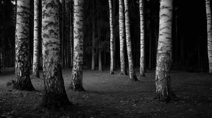 Monochrome Forest Scene with Tall Birch Trees and Leaf Litter Covered Ground in Contrast Lighting