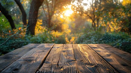Rustic wooden table in serene forest at sunrise with warm sunlight