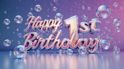 golographic and iridescent text "Happy 1st Birthday" with bubbles surrounding it, bright and dreamy depictions, shiny and glossy, contrast  gradient background from purple to blue, 3D style