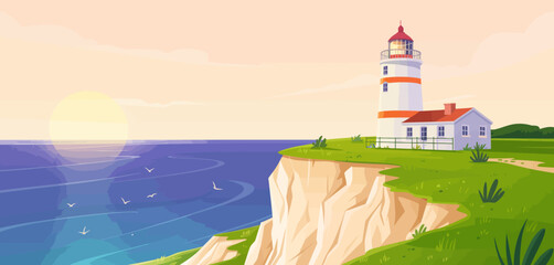 A tranquil coastal landscape featuring a striking lighthouse, symbolizing guidance, safety, and the beauty of nature by the sea during a serene sunset. © Jiang