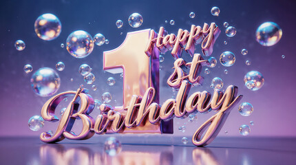 golographic and iridescent text "Happy 1st Birthday" with bubbles surrounding it, bright and dreamy depictions, shiny and glossy, contrast  gradient background from purple to blue, 3D style