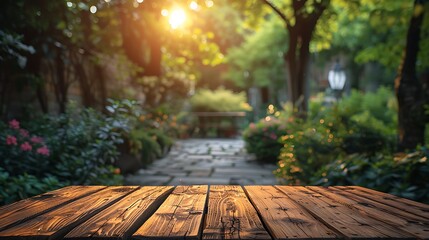 Serene garden path at sunset with wooden table in foreground