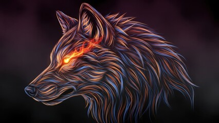Fiery wolf head with glowing eye in dark mystical background