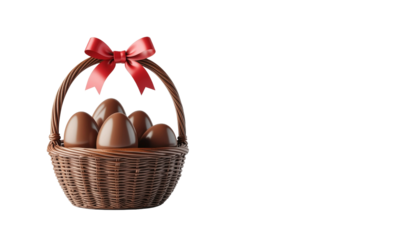 Chocolate eggs in Easter basket with ribbon on a white background. 
