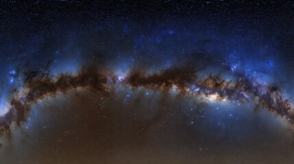 Panoramic View of Milky Way Galaxy with Countless Stars and Nebula Dust in a Dark Sky at Night
