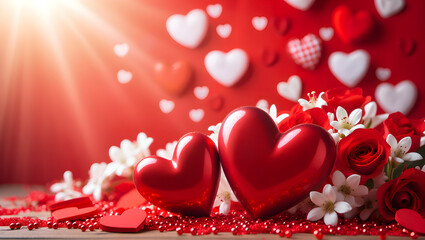 Romantic Valentine's Day setup with red hearts and roses