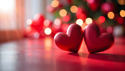 Two red hearts on a table with a Christmas tree in the background