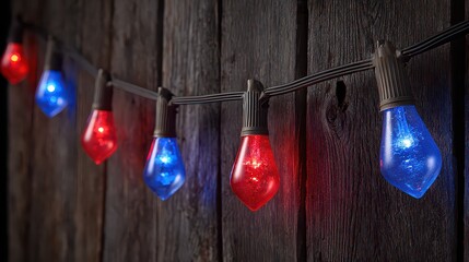 Patriotic Garland of Red and Blue Bulb Lights Against a Rustic Wood Background for Festive Celebrations