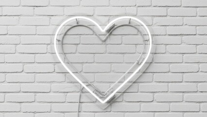 A glowing white neon heart sign affixed to a textured white brick wall in a minimalist and romantic setting